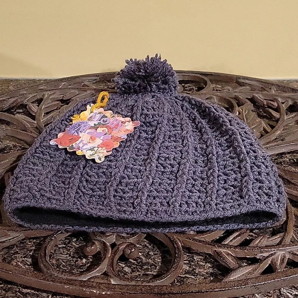 Handmade pom-pom hat beanie with fleece lining at ears crochet